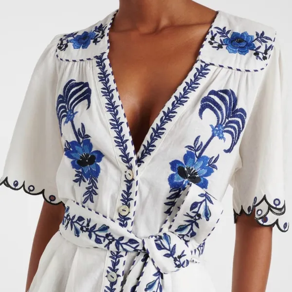 Farm Rio Embroidered Linen Romper Size XS - Image 2