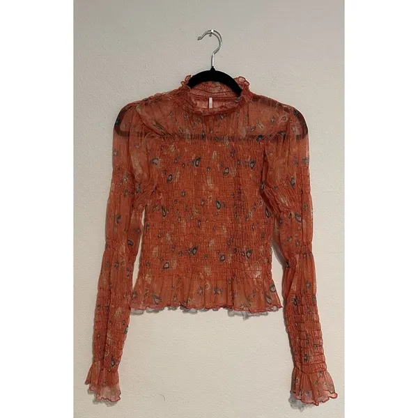 Free People Hello There Floral Sheer Mesh Mock Neck Bell Sleeve Blouse Sz S EUC - Image 4