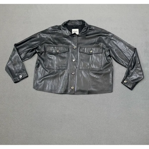 Zara Women Faux Leather Shirt Jacket S Black Shacket Button Up Moto Pockets Rock - Image 6