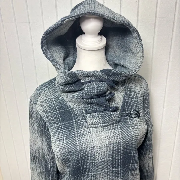 The North Face Women's Plaid Fleece‎ Pullover Cowl Blue and gray Hoodie Size S - Image 4