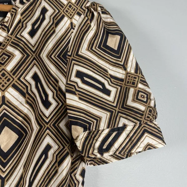 Geometric Print‎ Dress Short Sleeve V Neck Brown Black White Mini Retro Preppy - Image 2