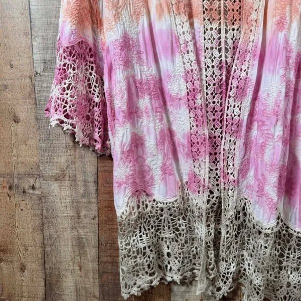 Democracy Tie Dye Crochet Kimono 1X Plus Lace Duster Swim Cover Up Pink Orange - Image 2