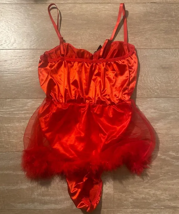 Little red riding Devil lace up corset bodysuit sheer feather skirt bra lingerie set S NEW - Image 4