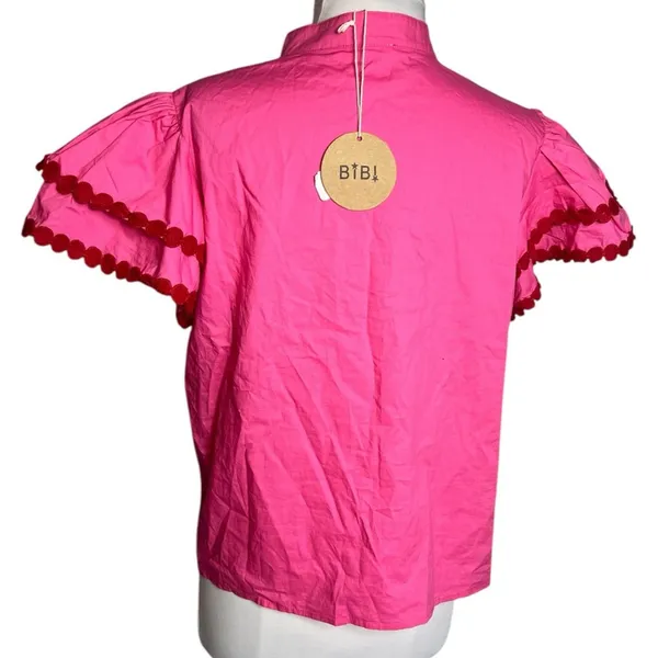 NWT Bibi Pink V Neck‎ Poplin Blouse puff shoulder Sz S - Image 4