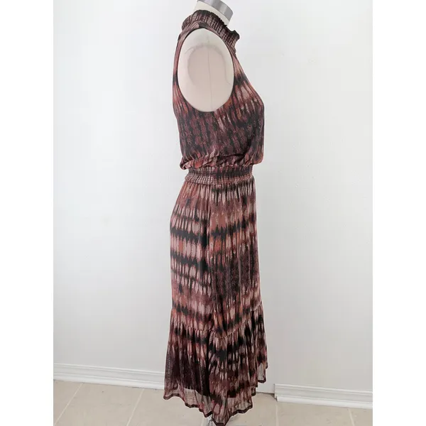 Evereve Brown Rust Ikat Print Smocked Tiered Midi Dress Pockets Small - Image 5