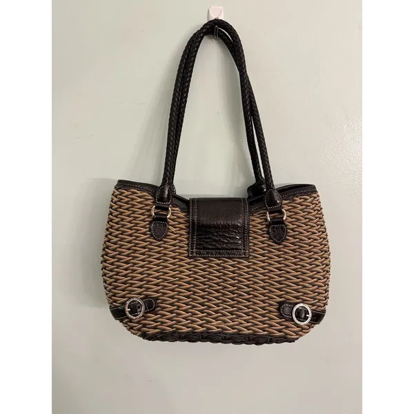 Brighton Woven‎ W/Black Leather Trim Purse Braided Handles Heart Charm - Image 3