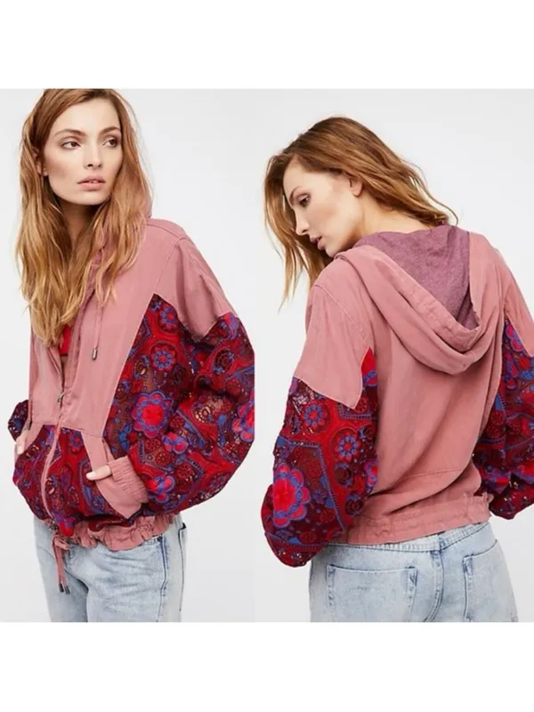 Free People Magpie Embroidered Lace Sleeve Jacket Size Small Baggy Fit Pink Blue - Image 2