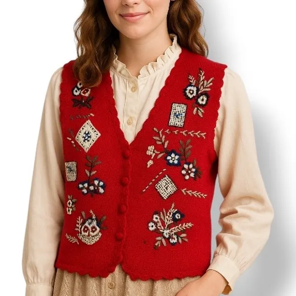Vintage Red Embroidered Knit Sweater Vest Floral Cottagecore Medium Plaid Floral - Image 9