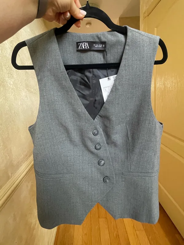 Zara Gray Pinstripe Tailored Asymmetrical Vest Sz L Quiet Luxury Old Money Core - Image 4