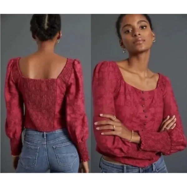 Anthropologie Pink Floral Ruffle Blouse Smocked Puff Sleeve Sz XS Cottagecore - Image 2