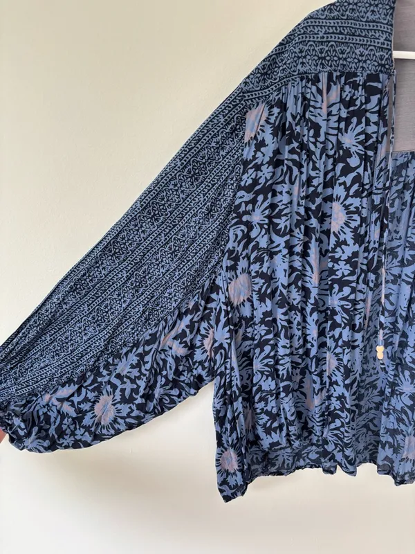 Free People Blue Floral Tie Front Cardigan Ballon Sleeve Boho Peasant Multiprint - Image 4