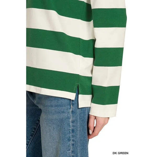 Zenana Striped Contrast Collar Polo Top - DK Green‎ - Small - Image 3