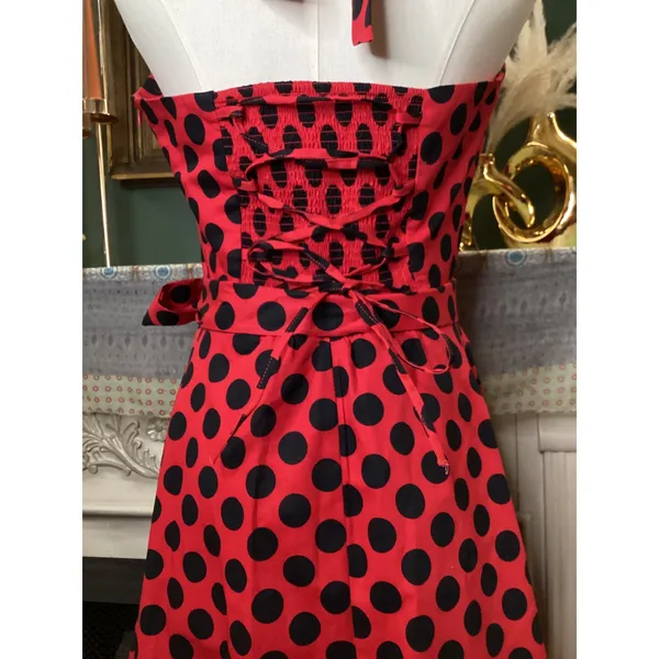 Topdress Red Black Polka Dot Halter Rockabilly Swing Dress Medium - Image 5