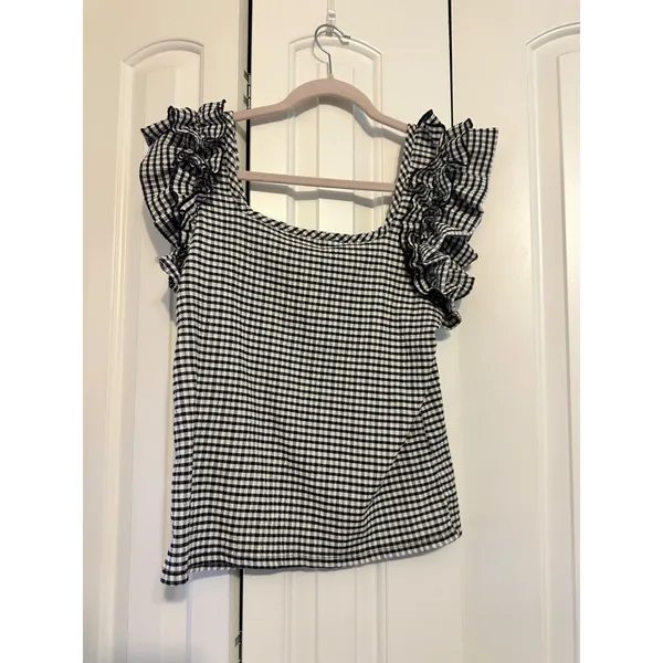 Gingham‎ Checkered Ruffle Top By Circus NY Size L Black Size L - Image 6