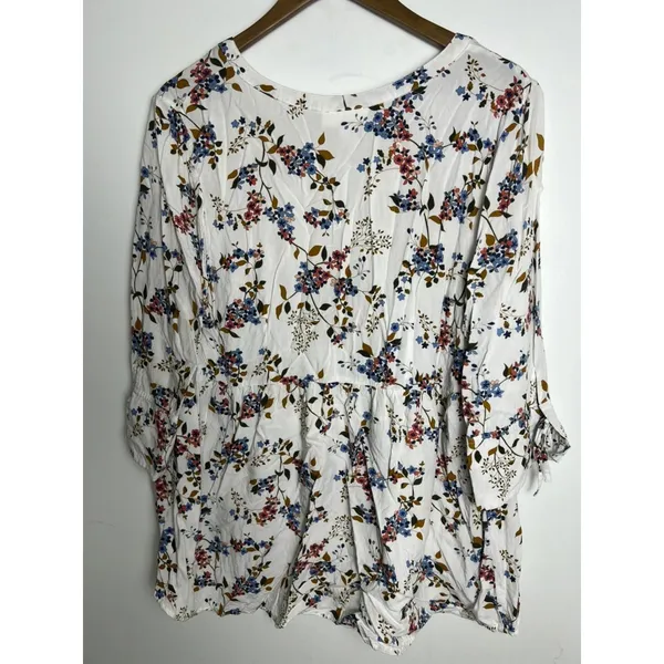 Motherhood Maternity Floral Babydoll Blouse White Blue XL 3/4 Sleeve V-Neck Top - Image 4