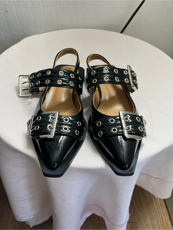 Black Patent Pointed Slingback Mules with Buckle Straps - Image 2