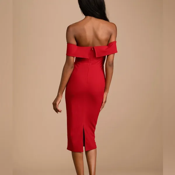 Lulus My Favorite Night Red Off-the-Shoulder Bodycon Midi Dress SMALL - Image 4