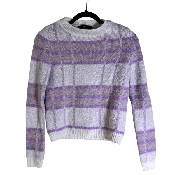 Mango MNG Lavender Plaid Knit Sweater XS Soft‎ Fuzzy Cropped Pullover - Image 2