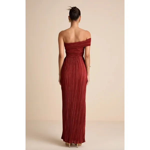 Lulus Poised Performance Rust Red Plisse One-Shoulder Maxi Dress Formal S NWT - Image 4