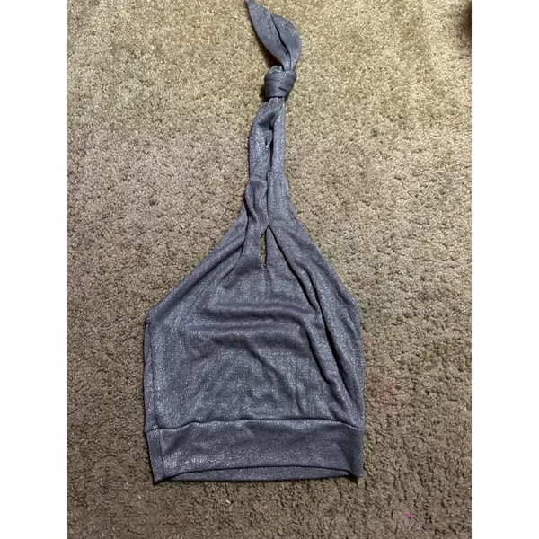 Metallic Silver Halter Neck Crop Top Knotted Keyhole Shimmer Backless Festival - Image 2