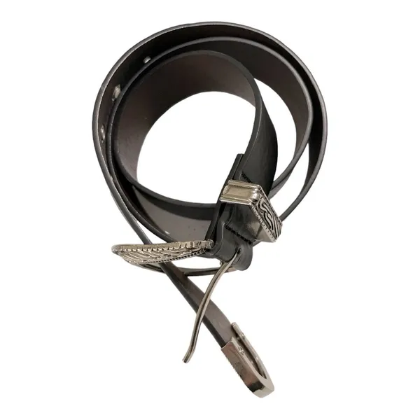 Black Leather Western Engraved Silver Buckle Belt | Size 27 | Boho Cowgirl - Image 4
