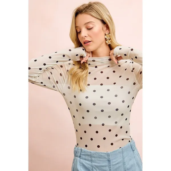 BiBi High Neck Line Polka Dots Mesh Top With Thumb Open - XLarge - Image 4