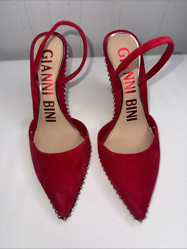 Gianni Bini red suede rhinestones-trimmed slingback pumps - Image 2