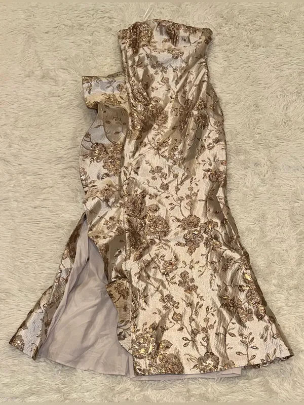 NEW Donna Karan New York Metallic Ruffle Detail Strapless Gold Gown sz 4 - Image 4