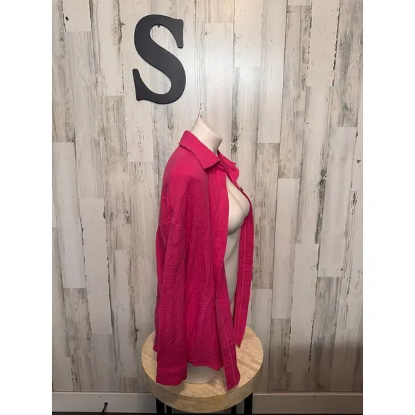 Hot Pink 100% Cotton Gauze Long Sleeve Button Down Shirt Shacket Women's S - Image 3