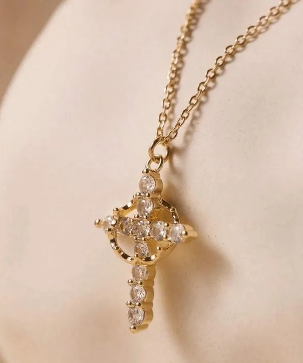 Cross Crown Zirconia Necklace Gold - Image 5