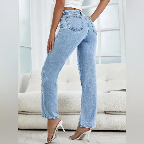 Women's Light Blue Pearl Beaded Slightly Flare Jeans - Image 6