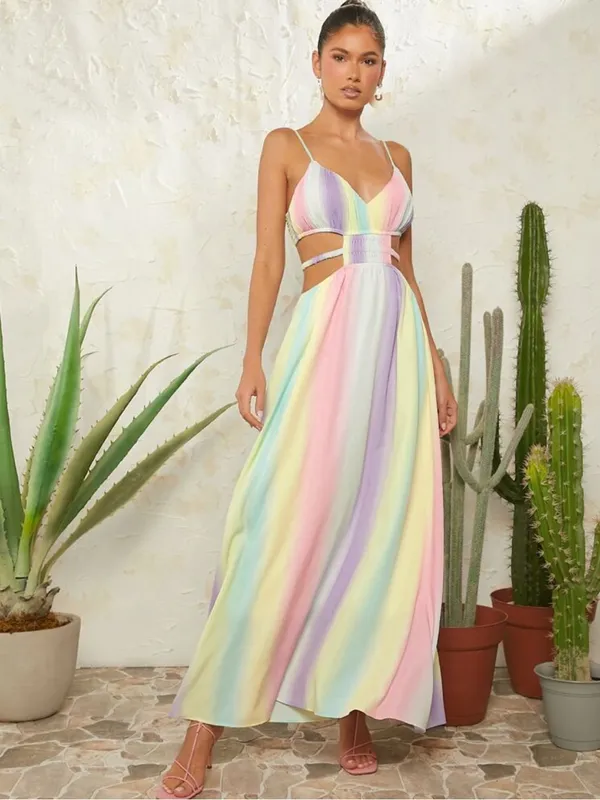 NEW Pastel Rainbow Watercolor Ombré Cutout Maxi Dress - Image 2