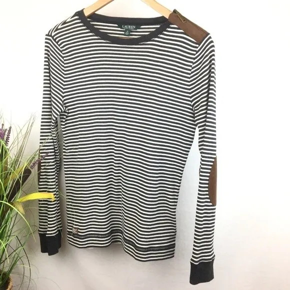 Lauren RL Black & White Striped Leather Elbow Patch Long Sleeve Tee L - Image 2