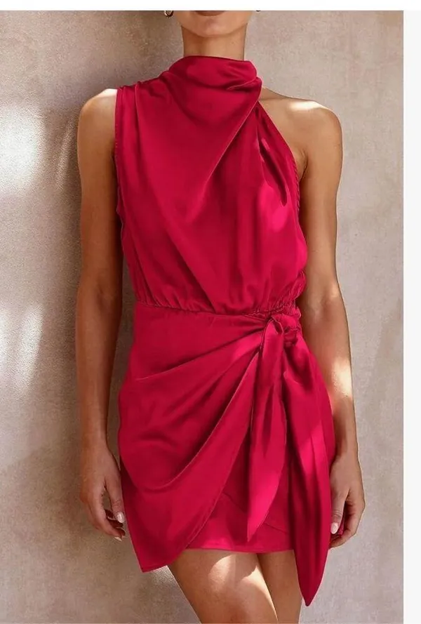 NEW Satin Elegant Sleeveless Mock Neck Cocktail Mini Dress XL - Image 2