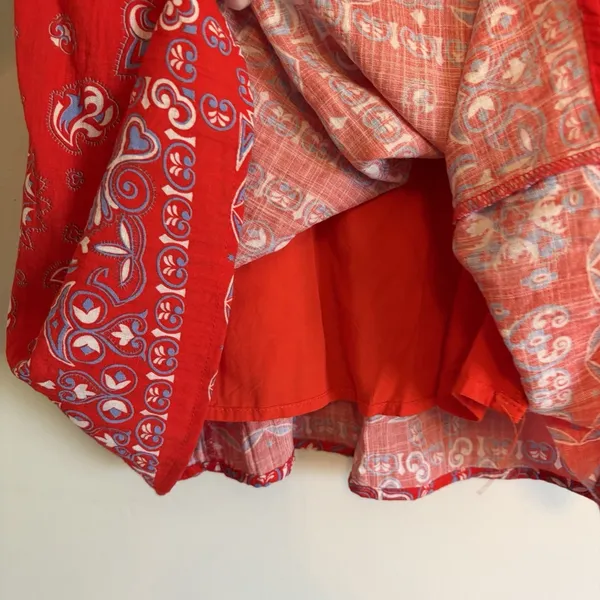 Small Skies are Blue Red Blue Boho Floral Print Dress Bell Sleeves Button Lined‎ - Image 3