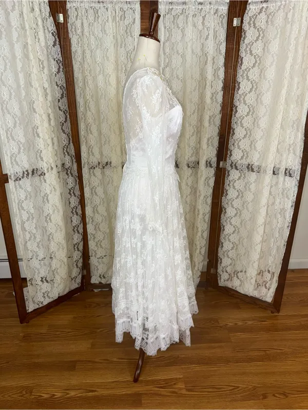 Fabulous Vintage 90s Jessica McClintock Handkerchief Hem Lace Wedding Dress - Image 7