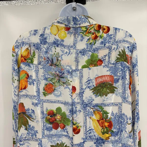 Rose + Olive Fruit Toile Button Shirt Sz L Euro Summer Cottage Resort Peaches - Image 7
