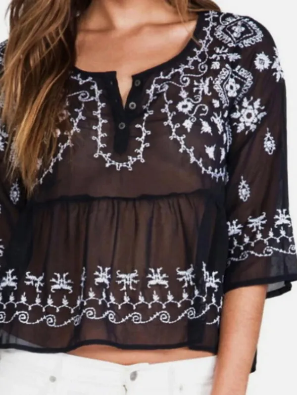 Free People Black and White Sheer Embroidered Peasant Blouse - Size - Medium - Image 2