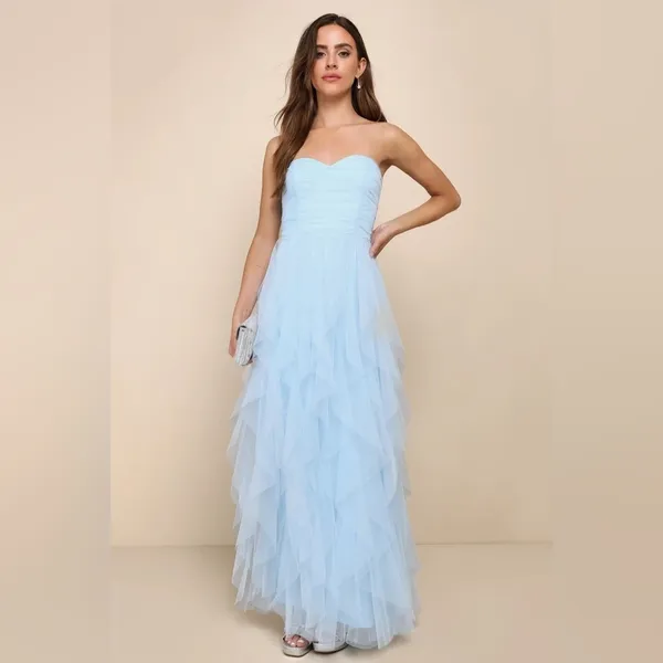 LULU’S Delightful Beauty Blue Mesh Strapless Ruched Ruffled Maxi Dress - Image 4