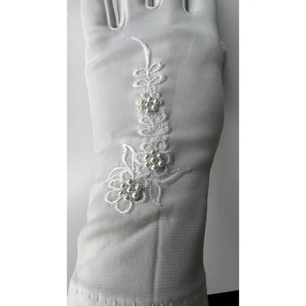 Vintage 1980s White/Ivory Unbranded Satin Beaded Floral Gloves XS S - Image 13