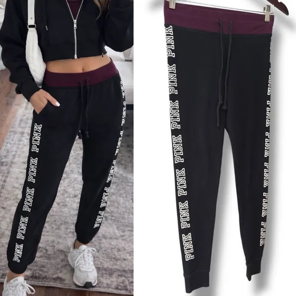 PINK Victoria's Secret | EUC Black with Plum Waistband Jogger Sweatpants (sz XS) - Image 2