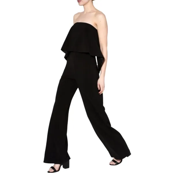 NWT DO+BE Black Strapless Overlay Front Ruffle Wide Leg Jumpsuit Black Size M - Image 3