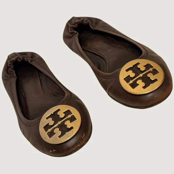 Tory Burch Reva Ballet Flats Brown Leather Gold Logo Medallion Size 9.5 - Image 2