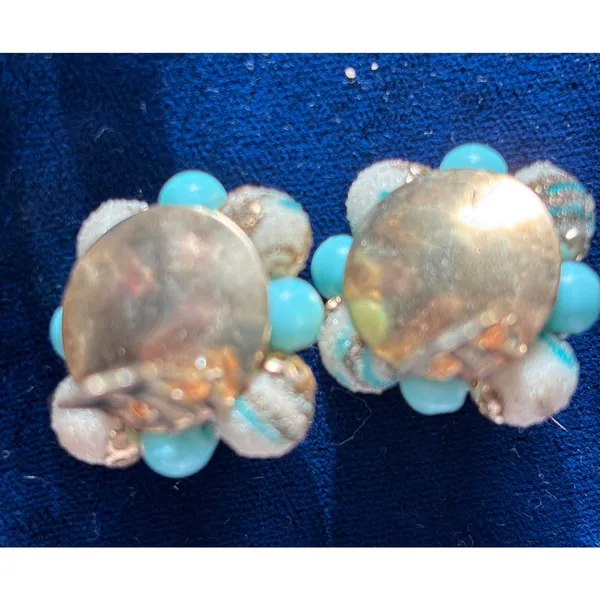 Vintage Earrings Hong Kong Aqua White Gold Sugared Beads Clip On MCM - Image 3