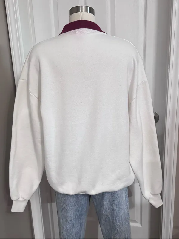 Vintage Fall Leaf Sweatshirt 90s Embellished Collar White Burgundy XL - Image 3