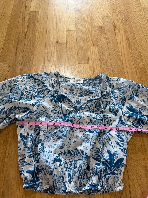 Fisherman's Daughter Blue Palm Cotton Cropped Blouse Sz L - Image 4