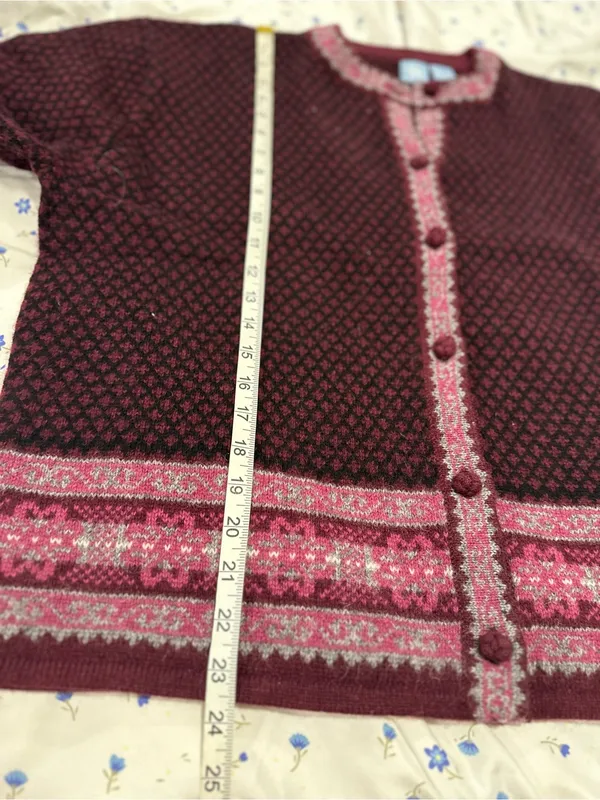 VTG Frost Fair Isle Sz:M geometric knit burgundy/pink Wool Cottagecore cardigan. - Image 4