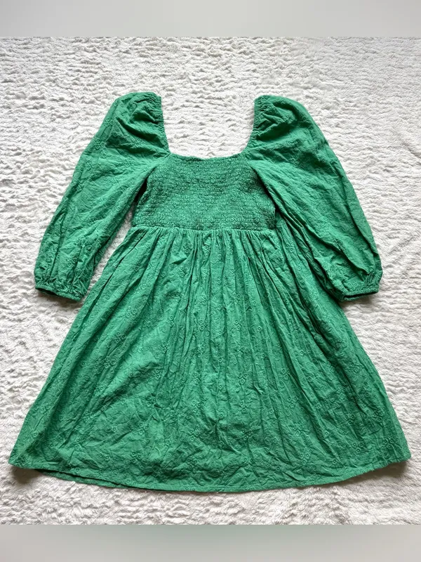 Tuckernuck Pomander Place Cotton Mini Dress XS Green Puff Sleeve Embroidered - Image 8