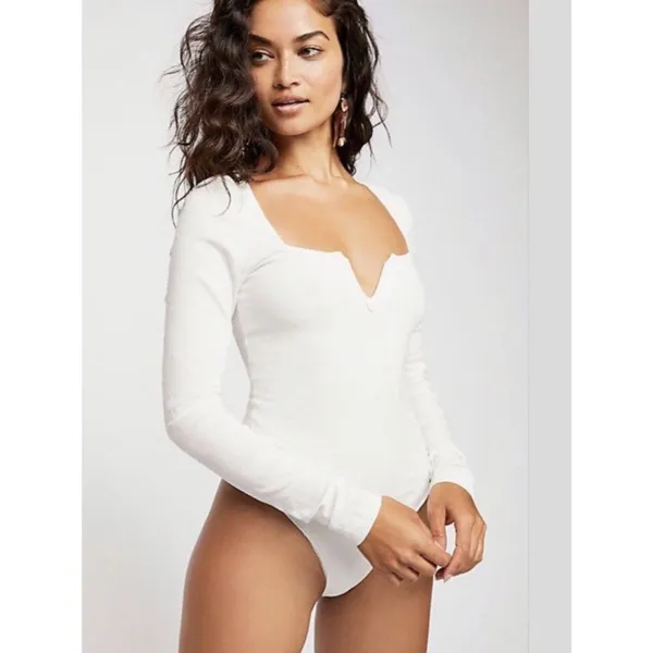 Free People Womens Zoe V Wire Ivory Bodysuit Medium Long Sleeve Romantic Boho - Image 2