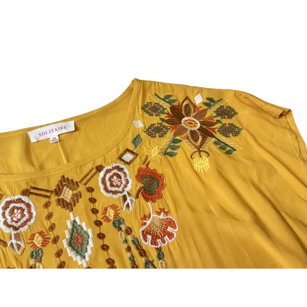 Solitaire Mustard Yellow Embroidered Boho Blouse Rayon Short Sleeve Top 21-232 M - Image 3